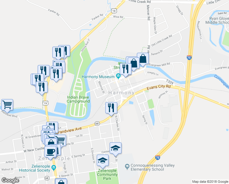 map of restaurants, bars, coffee shops, grocery stores, and more near 433 Liberty Street in Harmony