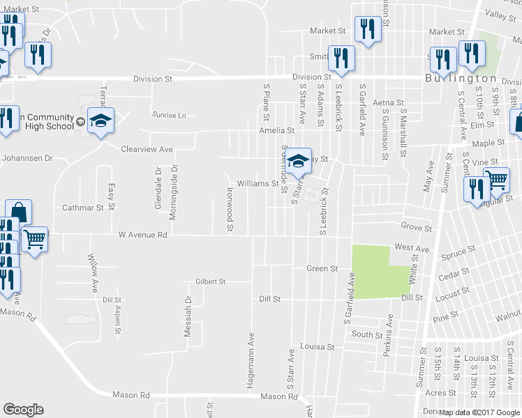 map of restaurants, bars, coffee shops, grocery stores, and more near 801 South Plane Street in Burlington