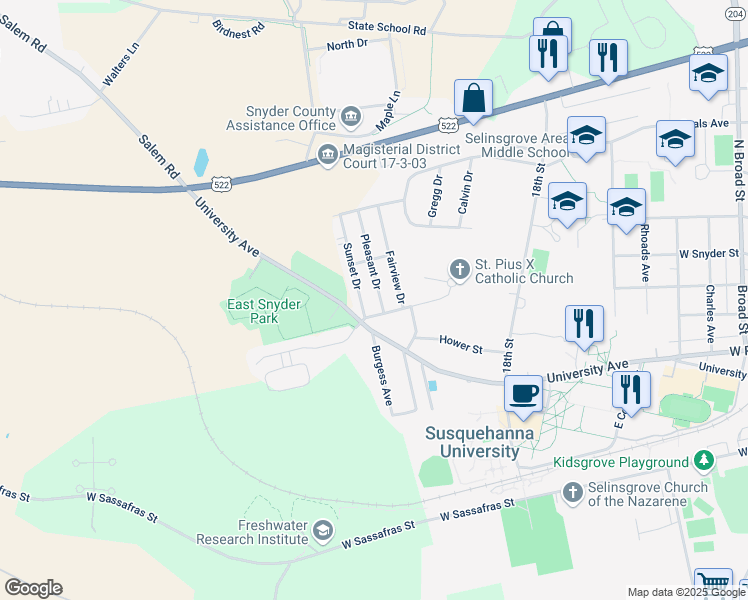 map of restaurants, bars, coffee shops, grocery stores, and more near 205 Pleasant Drive in Selinsgrove