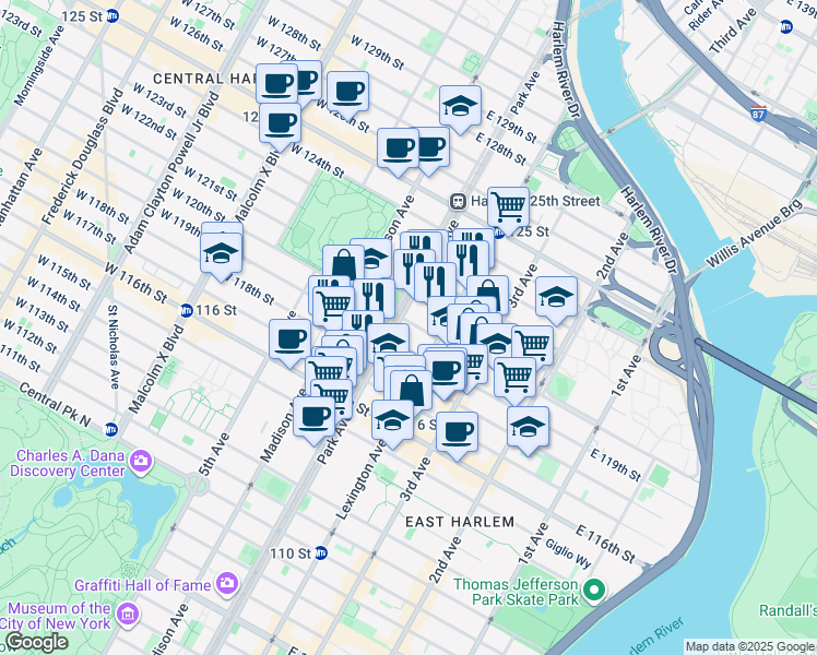 map of restaurants, bars, coffee shops, grocery stores, and more near 100 East 120th Street in New York