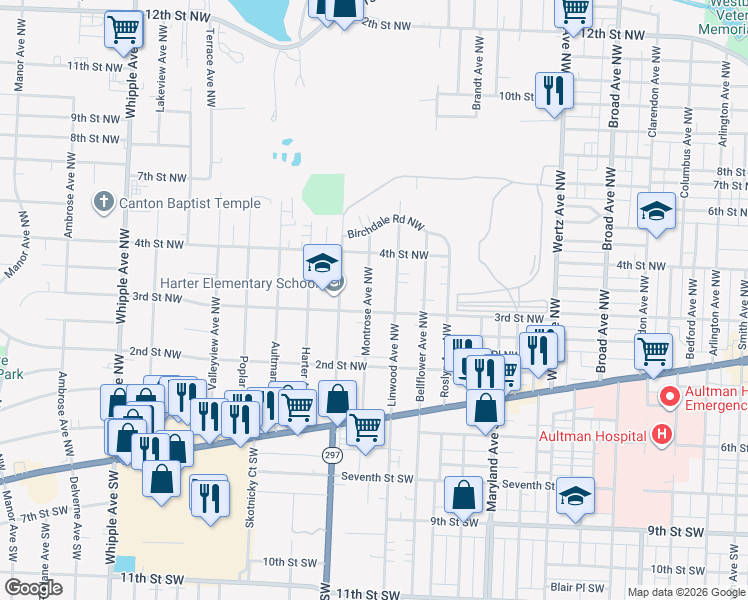 map of restaurants, bars, coffee shops, grocery stores, and more near 312 Montrose Avenue Northwest in Canton