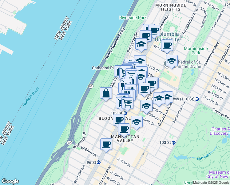 map of restaurants, bars, coffee shops, grocery stores, and more near 317 West 105th Street in New York