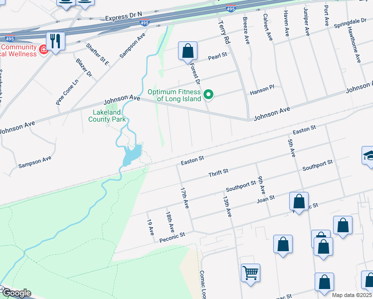 map of restaurants, bars, coffee shops, grocery stores, and more near 335 Easton Street in Ronkonkoma