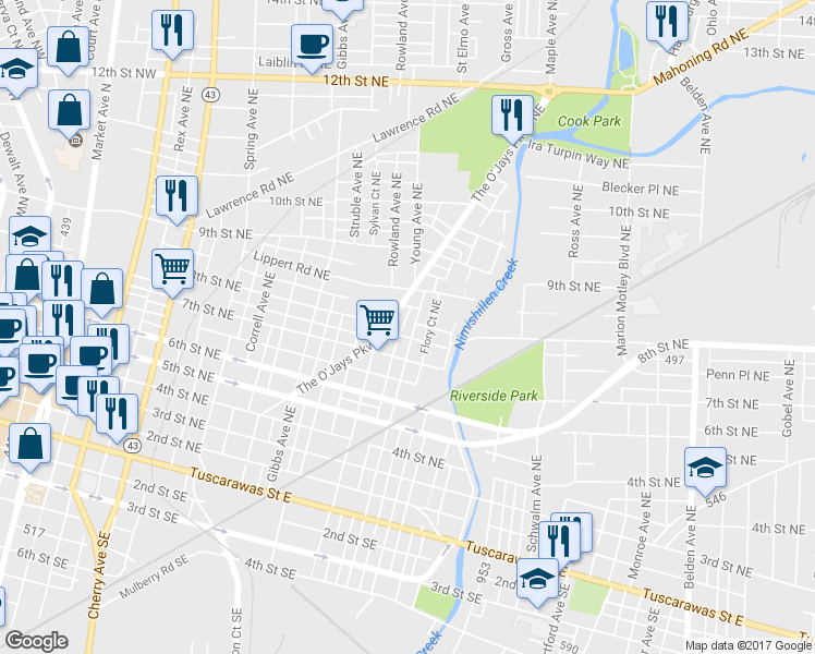map of restaurants, bars, coffee shops, grocery stores, and more near 731 Young Avenue Northeast in Canton