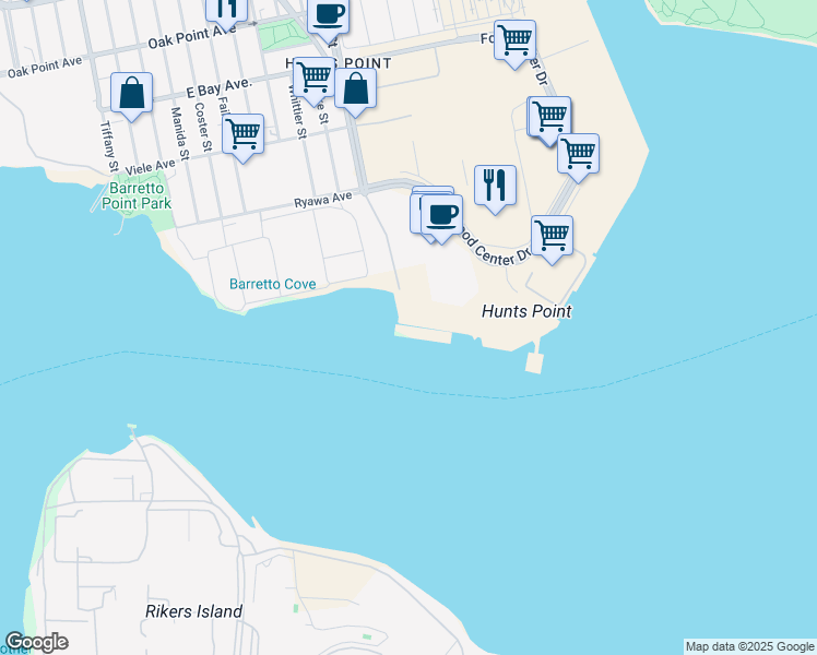 map of restaurants, bars, coffee shops, grocery stores, and more near 1 Halleck Street in Bronx