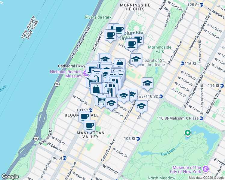 map of restaurants, bars, coffee shops, grocery stores, and more near 966 Amsterdam Avenue in New York