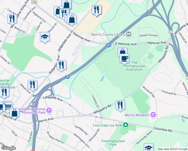 map of restaurants, bars, coffee shops, grocery stores, and more near 44 Whippany Road in Morristown