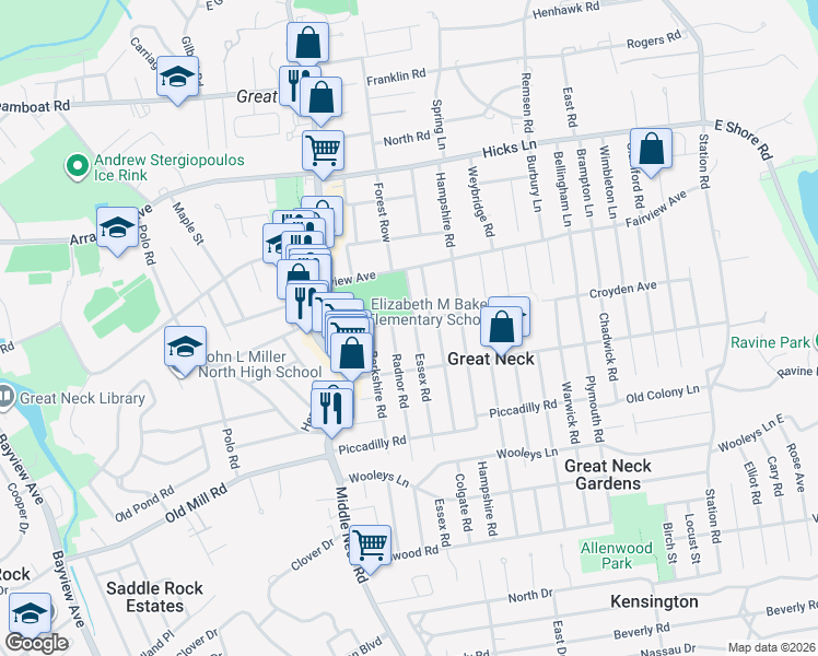 map of restaurants, bars, coffee shops, grocery stores, and more near 65 Essex Road in Great Neck