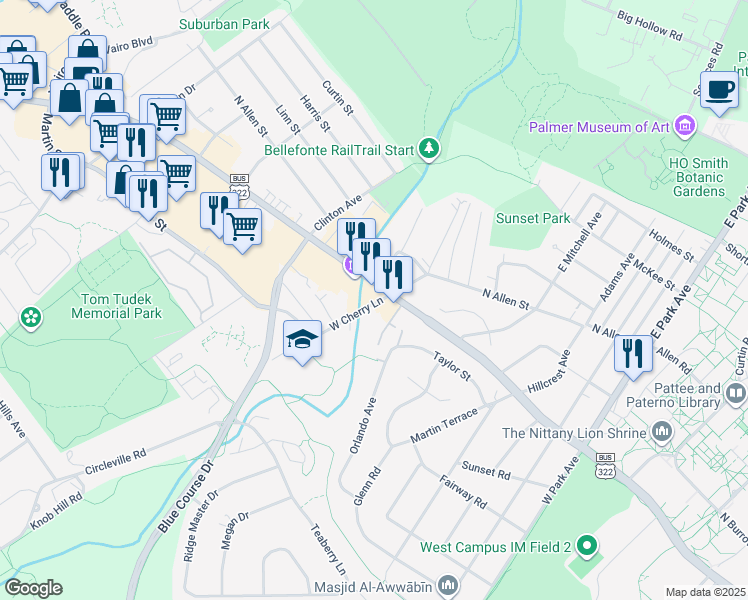 map of restaurants, bars, coffee shops, grocery stores, and more near 611 West Cherry Lane in State College