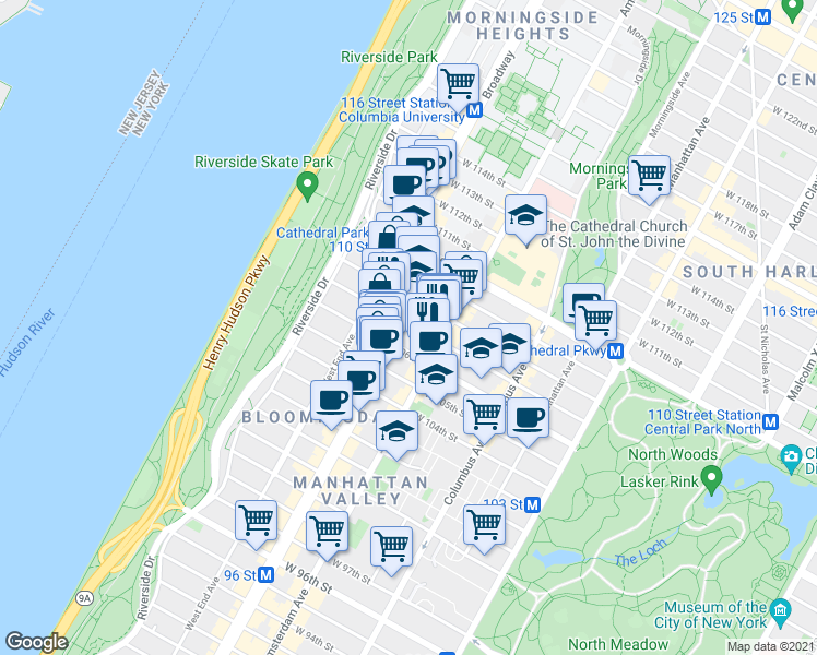 map of restaurants, bars, coffee shops, grocery stores, and more near 220 West 107th Street in New York