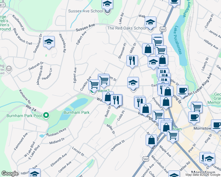 map of restaurants, bars, coffee shops, grocery stores, and more near 22 Mills Street in Morristown