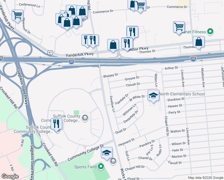 map of restaurants, bars, coffee shops, grocery stores, and more near 45 Swallow Lane in Brentwood