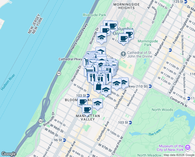 map of restaurants, bars, coffee shops, grocery stores, and more near 230 West 107th Street in New York