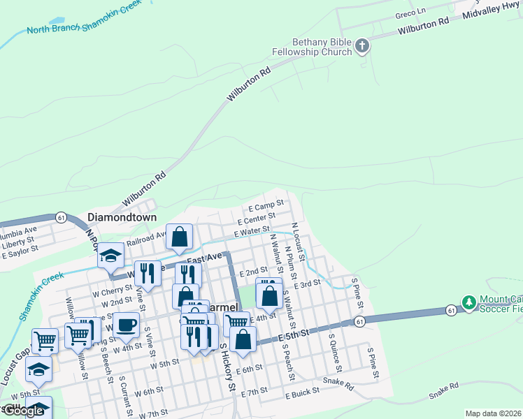 map of restaurants, bars, coffee shops, grocery stores, and more near 353-399 North Walnut Street in Mount Carmel