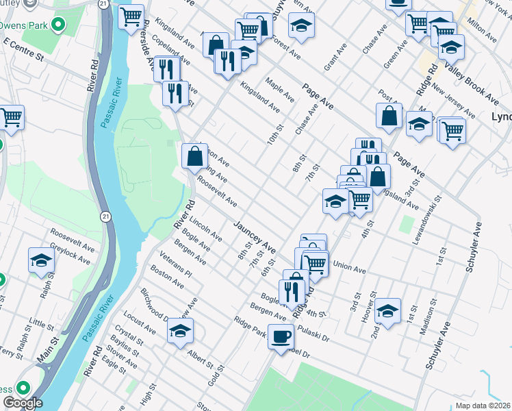 map of restaurants, bars, coffee shops, grocery stores, and more near 764 Chase Avenue in Lyndhurst