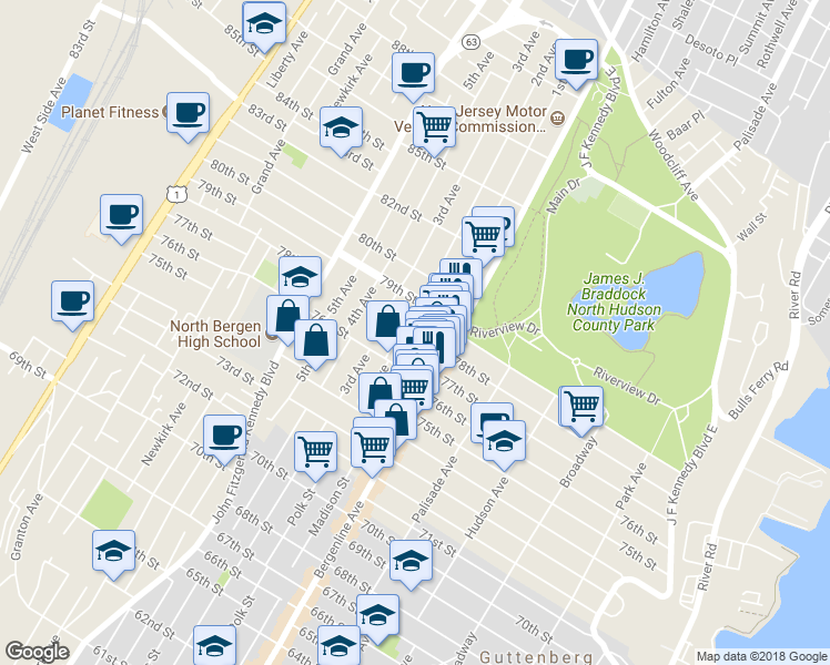 map of restaurants, bars, coffee shops, grocery stores, and more near 523 78th Street in North Bergen