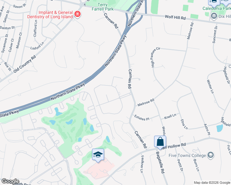 map of restaurants, bars, coffee shops, grocery stores, and more near 106 Elmwood Drive in Dix Hills