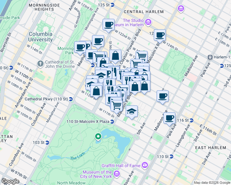 map of restaurants, bars, coffee shops, grocery stores, and more near 113 West 114th Street in New York