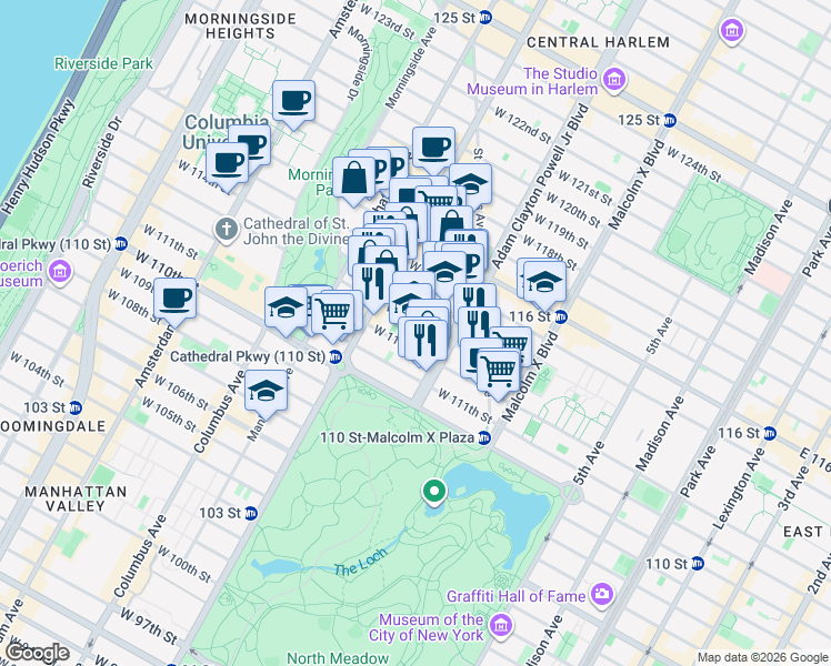 map of restaurants, bars, coffee shops, grocery stores, and more near West 113 Street in New York
