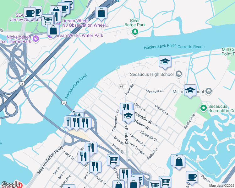 map of restaurants, bars, coffee shops, grocery stores, and more near 14 Village Place in Secaucus