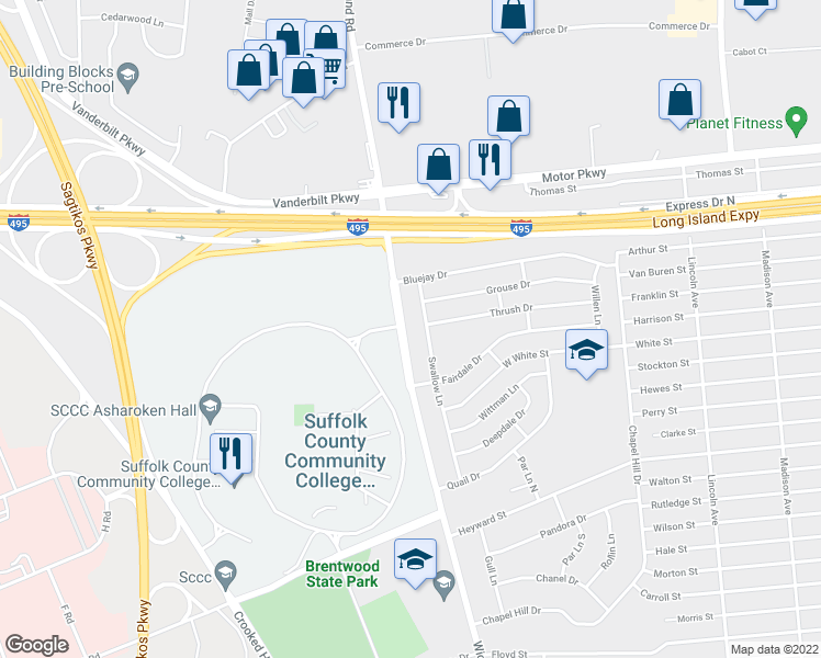 map of restaurants, bars, coffee shops, grocery stores, and more near 45 Swallow Lane in Brentwood