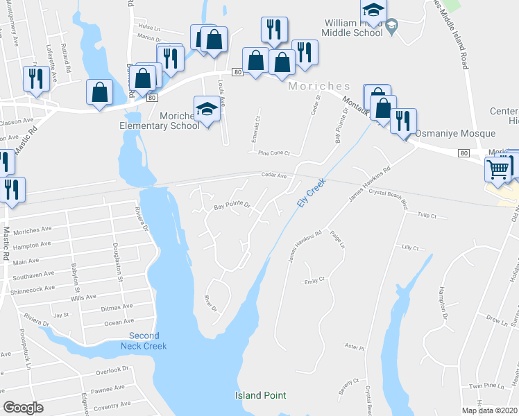 map of restaurants, bars, coffee shops, grocery stores, and more near 510 Highland Court in Moriches
