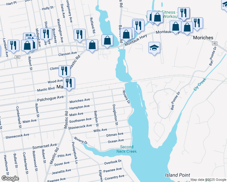 map of restaurants, bars, coffee shops, grocery stores, and more near 224 Patchogue Avenue in Mastic