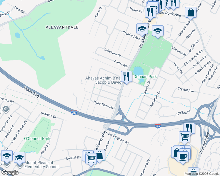 map of restaurants, bars, coffee shops, grocery stores, and more near 12 Hoover Avenue in West Orange