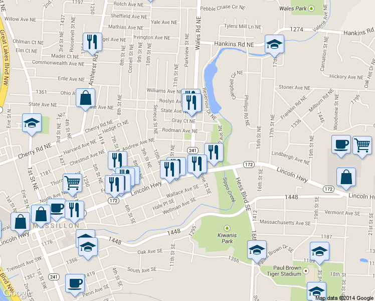 map of restaurants, bars, coffee shops, grocery stores, and more near 1136 North Ave NE in Massillon