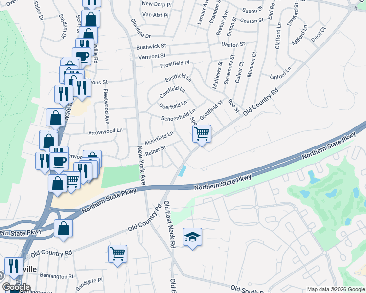 map of restaurants, bars, coffee shops, grocery stores, and more near 24 Raines Street in Melville