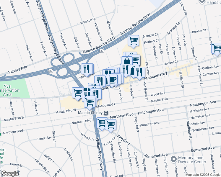 map of restaurants, bars, coffee shops, grocery stores, and more near 910 Montauk Highway in Shirley