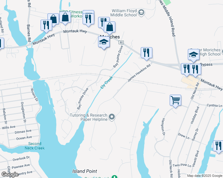 map of restaurants, bars, coffee shops, grocery stores, and more near 40 James Hawkins Road in Moriches