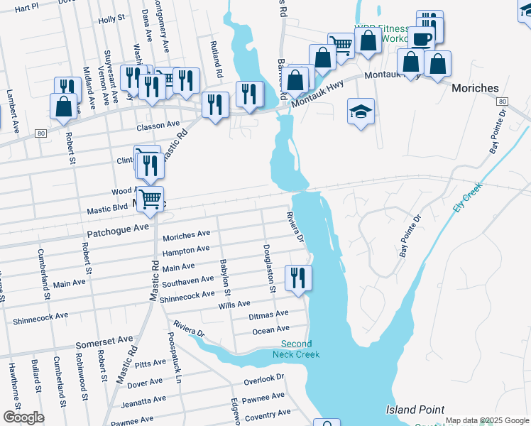 map of restaurants, bars, coffee shops, grocery stores, and more near 224 Patchogue Avenue in Mastic