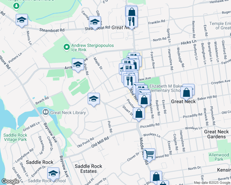 map of restaurants, bars, coffee shops, grocery stores, and more near 17 Crampton Avenue in Great Neck