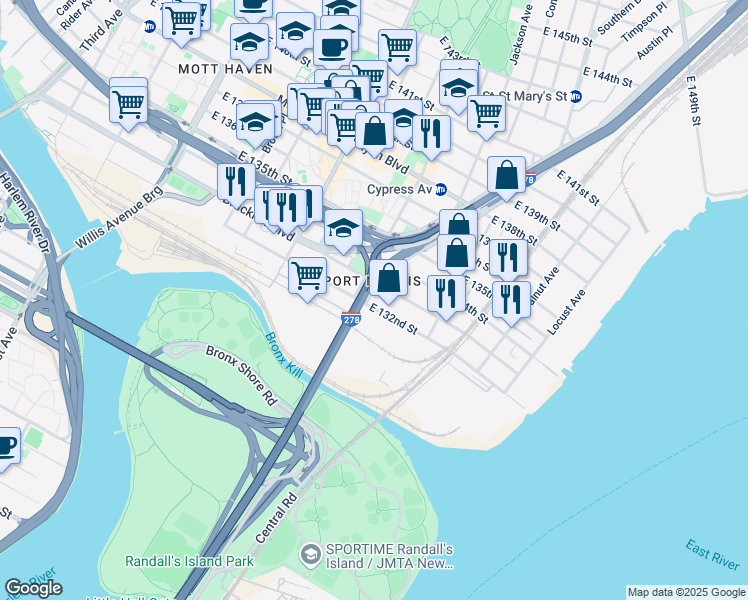 map of restaurants, bars, coffee shops, grocery stores, and more near in The Bronx