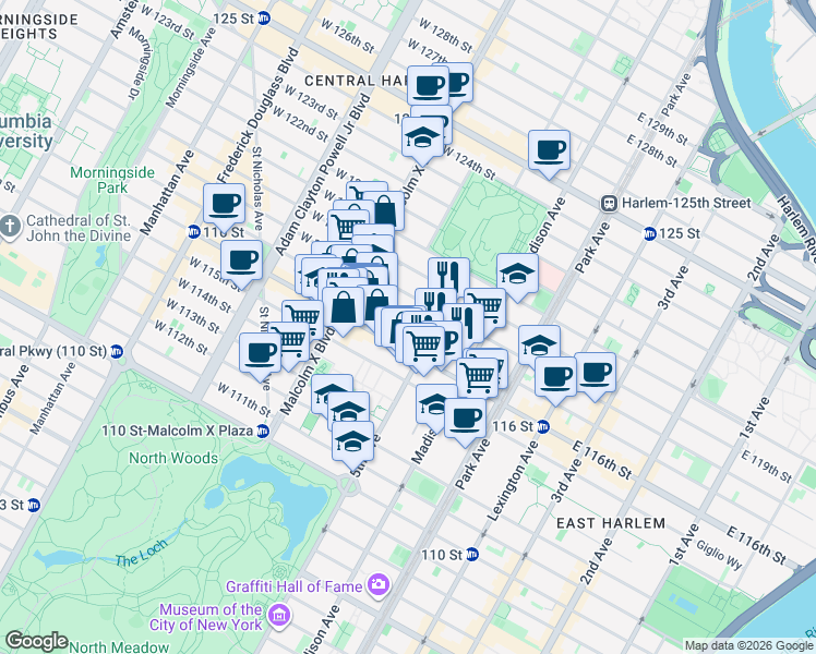 map of restaurants, bars, coffee shops, grocery stores, and more near 22 West 117th Street in New York