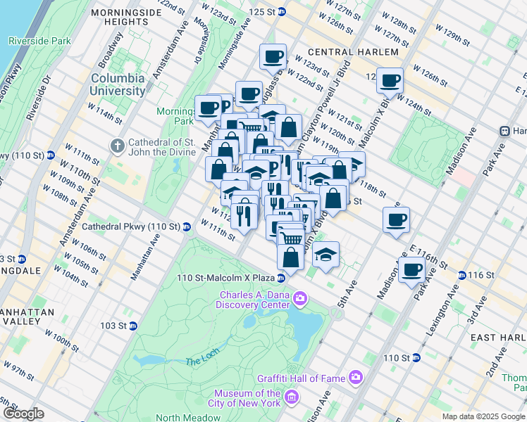 map of restaurants, bars, coffee shops, grocery stores, and more near 124 West 114th Street in New York