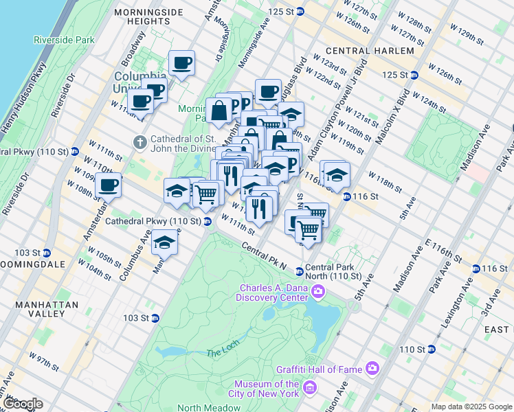 map of restaurants, bars, coffee shops, grocery stores, and more near 249 West 112th Street in New York