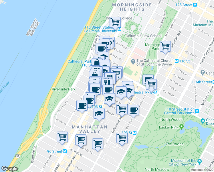 map of restaurants, bars, coffee shops, grocery stores, and more near 220 West 107th Street in New York