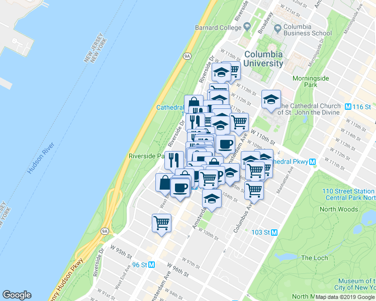 map of restaurants, bars, coffee shops, grocery stores, and more near 307 West 105th Street in New York