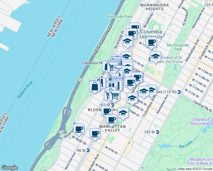 map of restaurants, bars, coffee shops, grocery stores, and more near 307 West 105th Street in New York