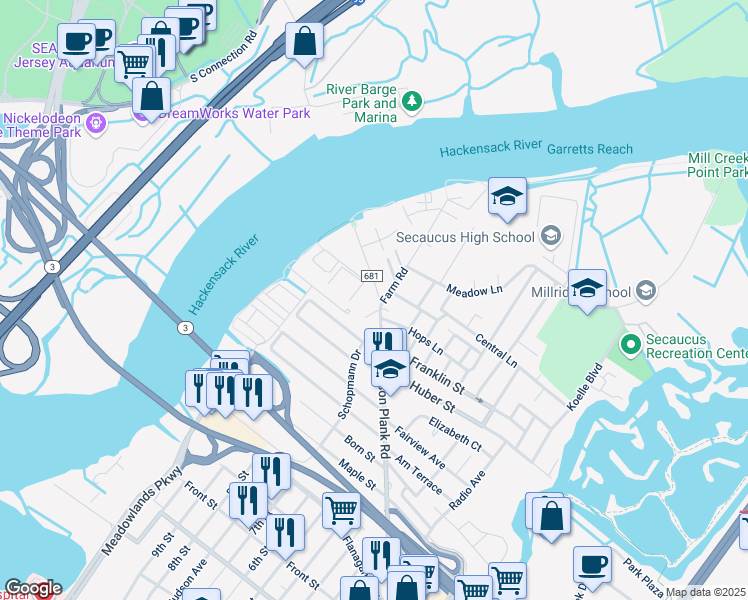 map of restaurants, bars, coffee shops, grocery stores, and more near 14 Village Place in Secaucus