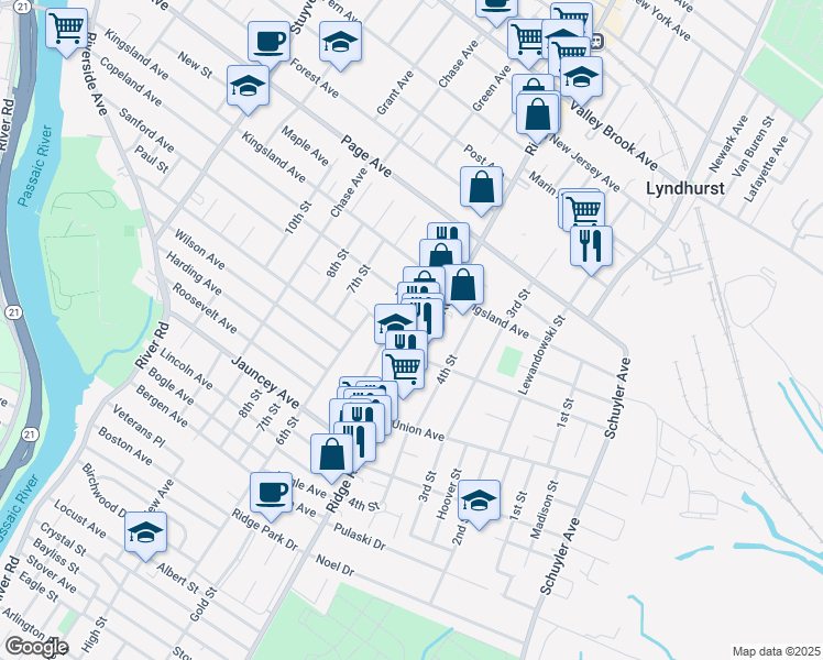 map of restaurants, bars, coffee shops, grocery stores, and more near 643 Ridge Road in Lyndhurst