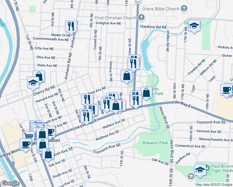 map of restaurants, bars, coffee shops, grocery stores, and more near 221 11th Street Northeast in Massillon