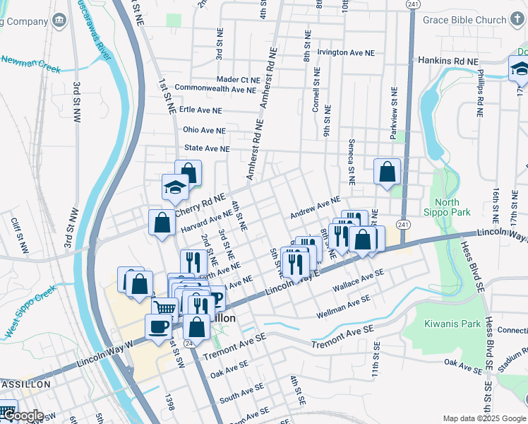 map of restaurants, bars, coffee shops, grocery stores, and more near 414 4th Street Northeast in Massillon