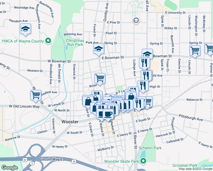 map of restaurants, bars, coffee shops, grocery stores, and more near 345 North Market Street in Wooster