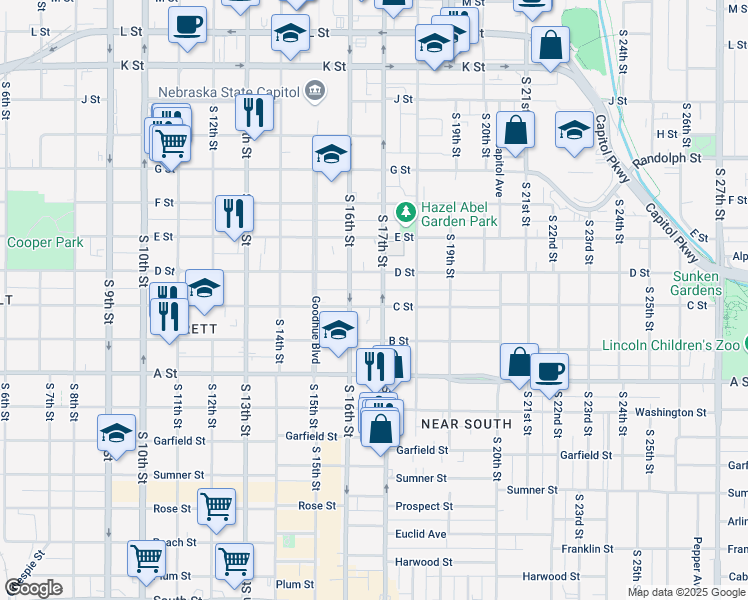 map of restaurants, bars, coffee shops, grocery stores, and more near 1620 C Street in Lincoln