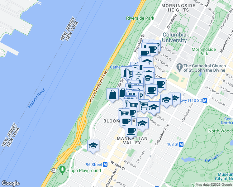 map of restaurants, bars, coffee shops, grocery stores, and more near Riverside Dr & W 105th St in New York