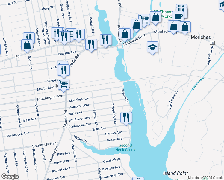 map of restaurants, bars, coffee shops, grocery stores, and more near 224 Patchogue Avenue in Mastic