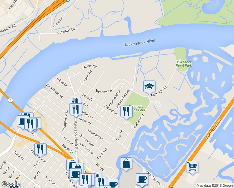 map of restaurants, bars, coffee shops, grocery stores, and more near 1119 Stonewall Lane in Secaucus